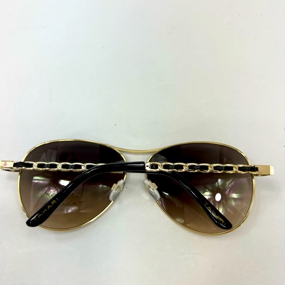 TAHARI AVIATOR 100% UV PROTECT SUNGLASSES,GOLD METAL FRAME, WOVEN LEATHER SIDES - Picture 14 of 14